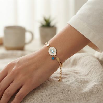 Crystal Halo Evil Eye Medallion Bracelet On-Body view