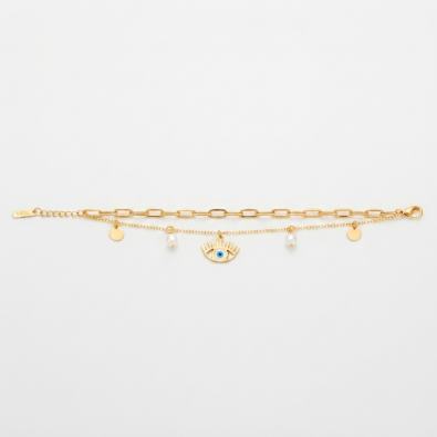Layered Evil Eye & Pearl Charm Bracelet