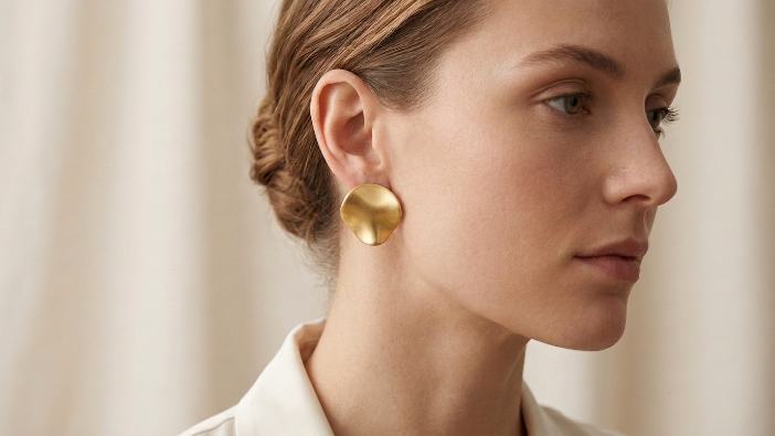 Brushed Gold Organic Disc Studs On-Body view