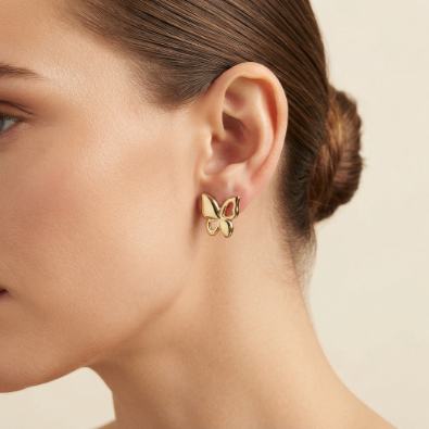 Gold Open-Wing Butterfly Studs On-Body view