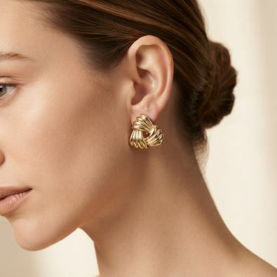 Gold Ribbed Knot Studs Detail view