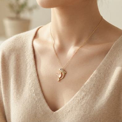 Dolphin Heart Charm Necklace On-Body view