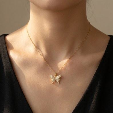 Pavé Crystal Butterfly Pendant Necklace On-Body view