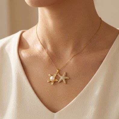 Starfish & Pearl Duo Pendant Necklace On-Body view