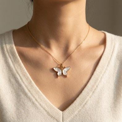 Mother-of-Pearl Butterfly Pendant Necklace On-Body view