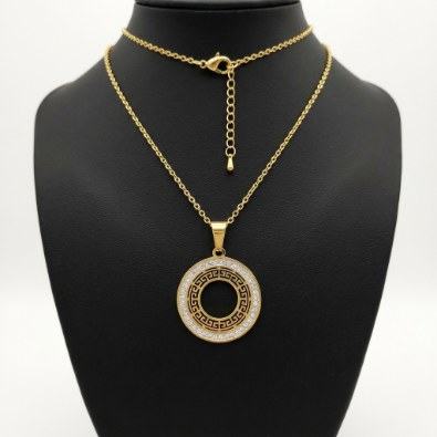 Greek Key Pavé Circle Pendant Necklace