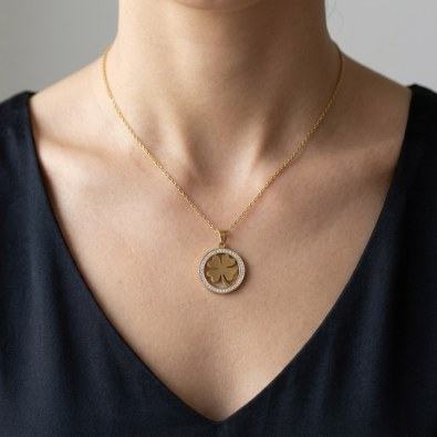 Four-Leaf Clover Pavé Medallion Necklace On-Body view