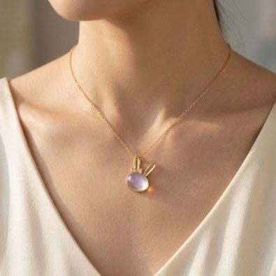 Moonstone Bunny Pendant Necklace On-Body view