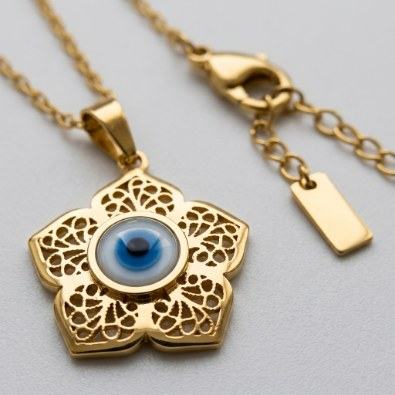 Floral Filigree Evil Eye Pendant Necklace Detail view
